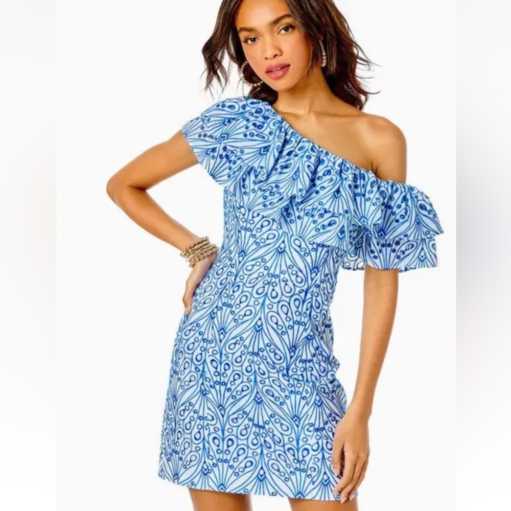 Lilly Pulitzer Blue & White One-Shoulder Ruffle Mini Dress